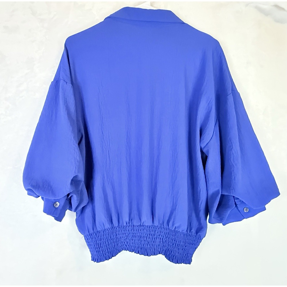 Oddi Cobalt Blue Smocked Hem Blouse M Balloon Sleeve Lightweight Boho Top - Picture 4 of 9